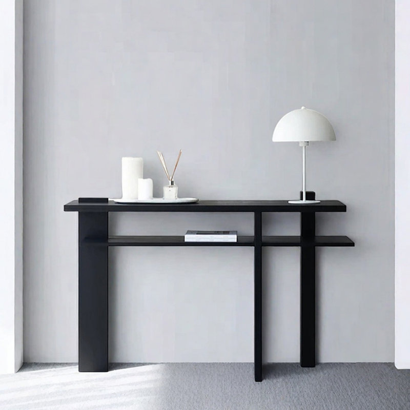 Mid-Century Modern Oak Black Console Table, 33.5" H x 51.2" W x 15.7" D