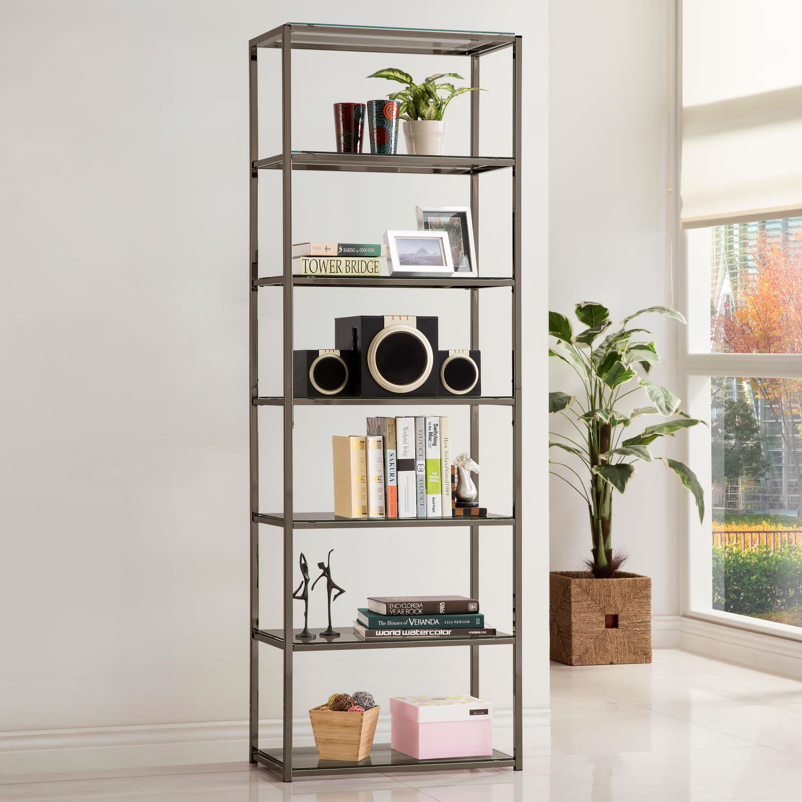 Ezra Matte Black Metal and Glass Etagere Shelf by World Market