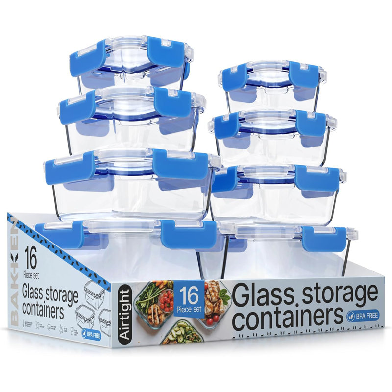 Contenant alimentaire en verre borosilicaté Bakken avec couvercles 16 pièces, contenant empilable sans BPA pour le déjeuner et les restes, va au micro-ondes, au congélateur et au lave-vaisselle, 100% étanche à l'air, bleu