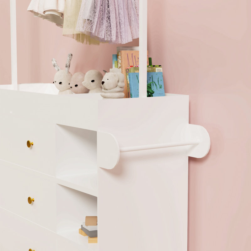 Commode de table moderne, coiffeuse avec 3 tiroirs très profonds et tablettes de rangement et crochets, table à langer multifonctionnelle avec séchoir à linge