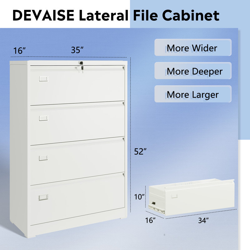4 Drawer Lateral File Cabinet with Lock, Metal Filing Cabinets for Home Office, 16" D x 35" W x 52" H Wide Storage Organization for Hanging Files Letter/A4/Legal/F4 Size, White