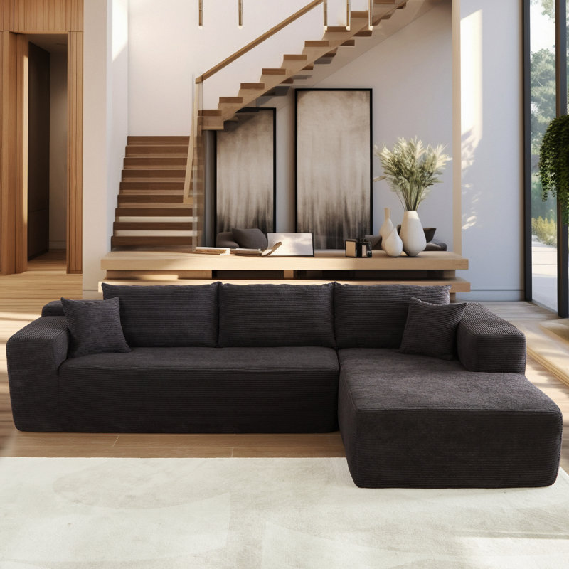 Natick Upholstered L-Shaped Sectional, Black Polyester, Right Hand Facing