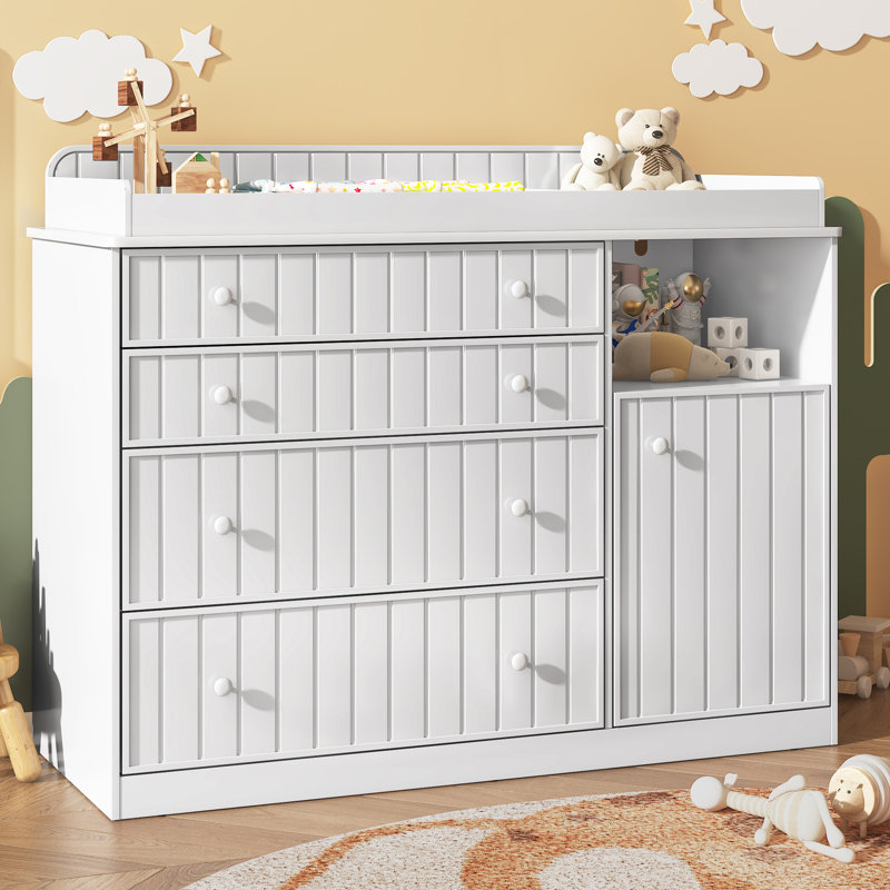 Commode à langer ergonomique 37,4 po avec 4 tiroirs, armoire de rangement et tablette ouverte, conception sécuritaire anti-basculement et commode pour chambre d'enfant