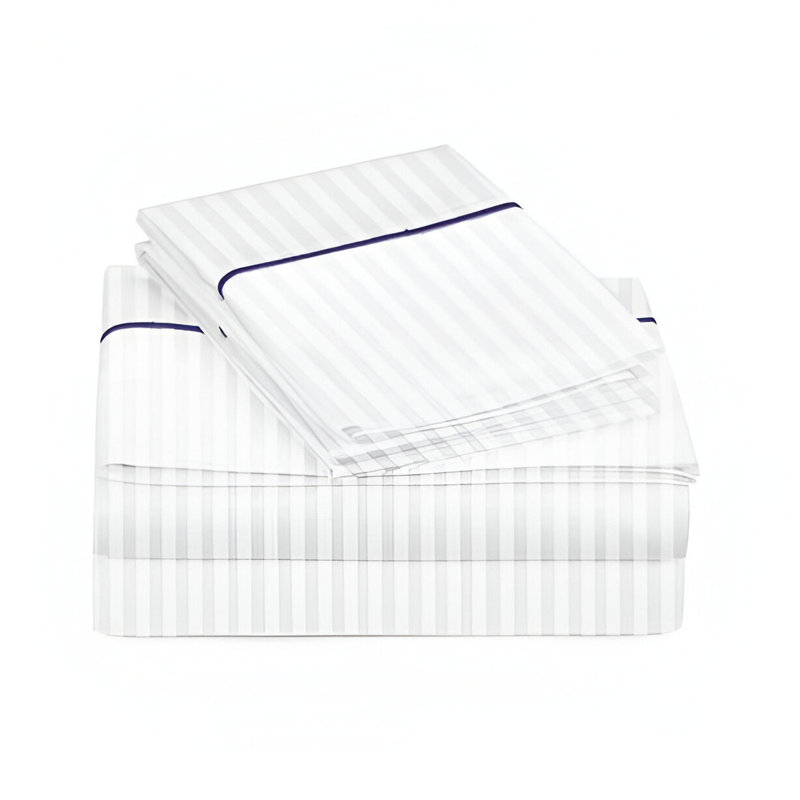 400TC Single Embroidery Sateen Stripe Cotton 4 Piece Sheet Set Fitted Sheet Fits Upto 16" Deep Pocket, Navy Blue Border