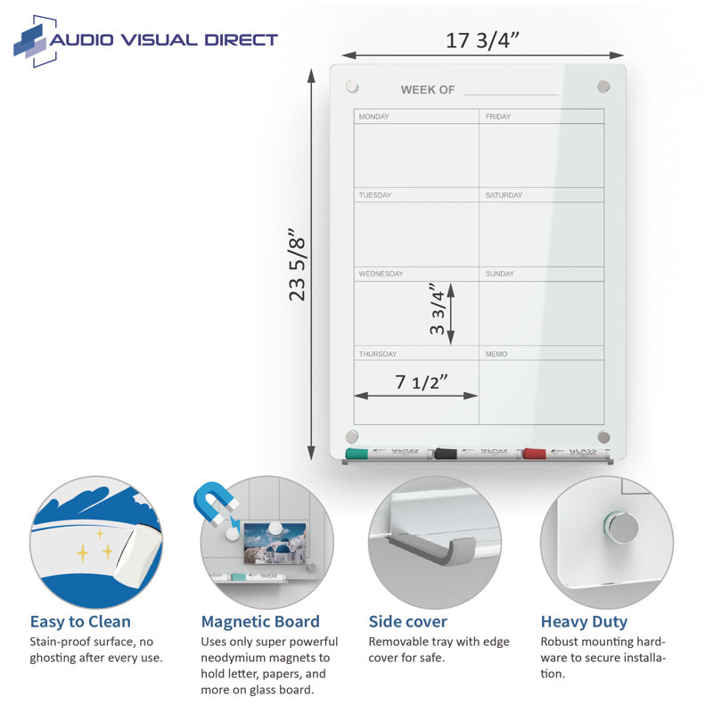 Tableau magnétique en verre effaçable à sec 7 jours Audio-Visual Direct 18 po x 24 po pour agenda hebdomadaire 7 jours, à fixer au mur