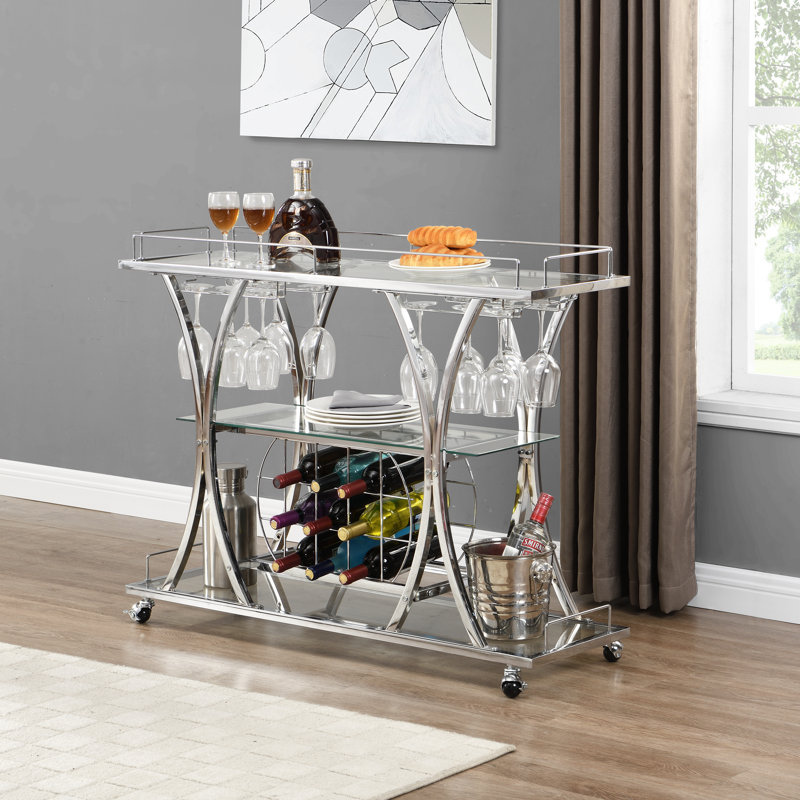 Chariot-bar contemporain en chrome avec support à vin