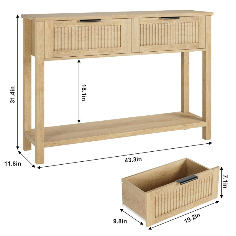 Farmhouse Entryway Table,43 Inch Wood Console Table With 2 Drawers,2 Tier Sofa Table With Storage For Living Room, Foyer Tables For Entryway-Burlywood