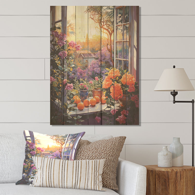 Sunset Florals Windows View In Italy III - Fenêtre florale sur bois, H 32 po x l 24 po
