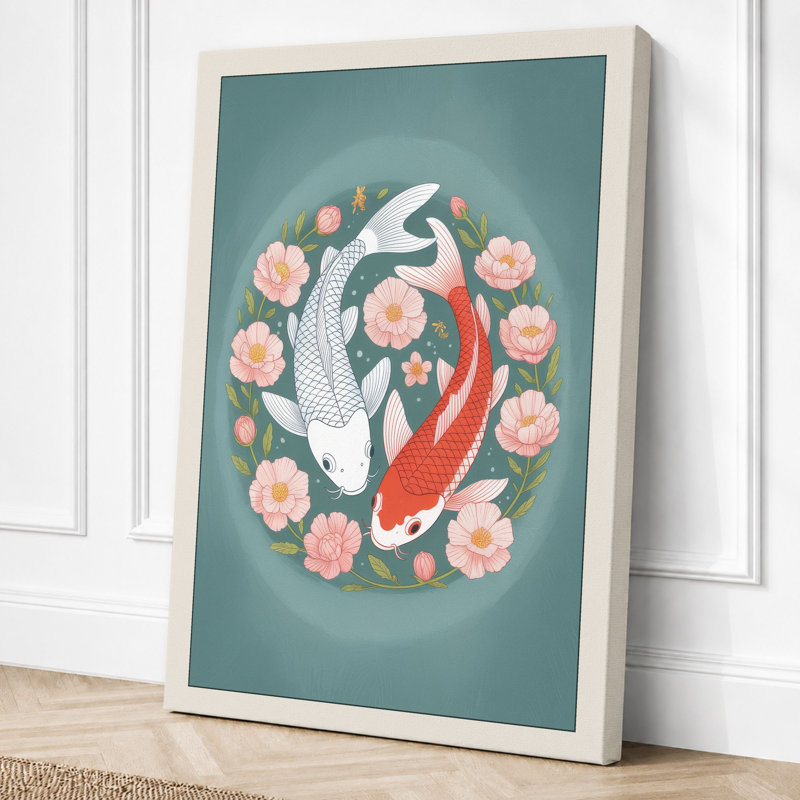 Koi In Lotus Circle Japandi - Print, 24x16 - 61.0 x 40.6 cm, Cream Border