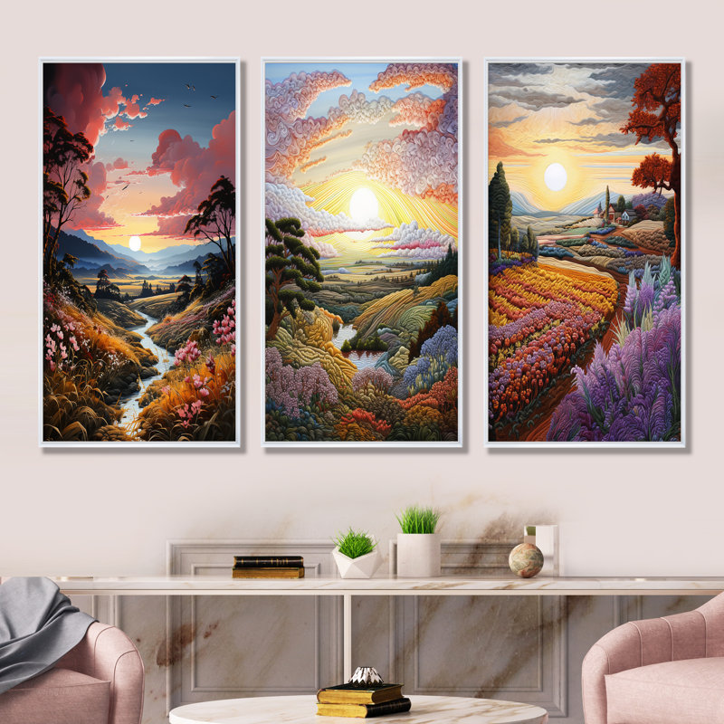 Lever de soleil campagne en Provence - Ensemble de salon mural d'art campagne 4, Cadre flottant blanc, H 28 po x l 36 po