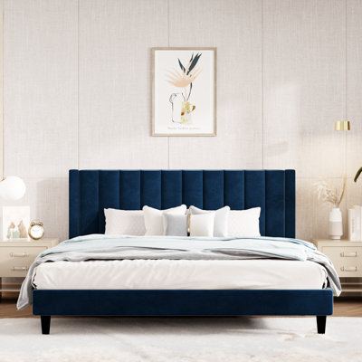 Stauton Upholstered Platform Bed with Velvet and Striped Headboard