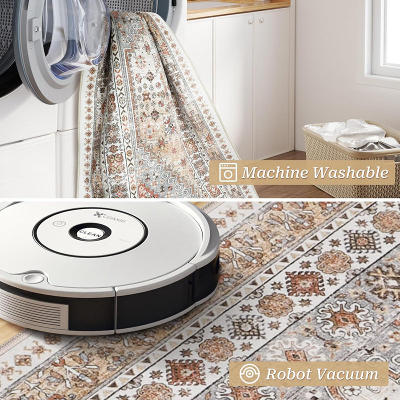 Medallion Non Slip Washable Rug(Orange), Runner 2'6" x 10'