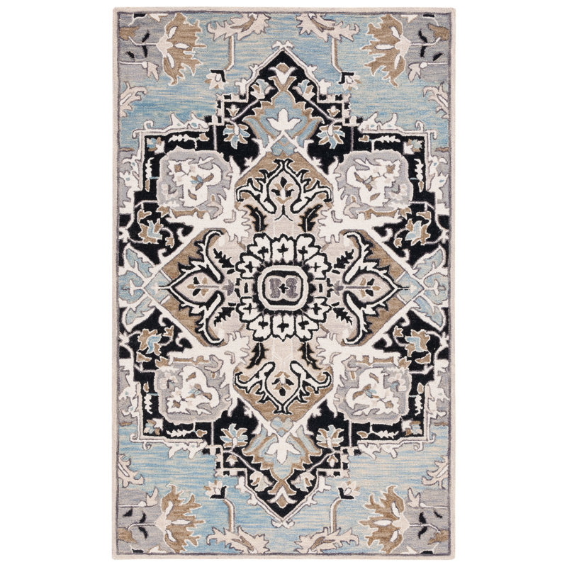 Frederikson Tufted Wool/Cotton Southwestern Rug in Black/Blue/Brown, Runner 2'3" x 8'