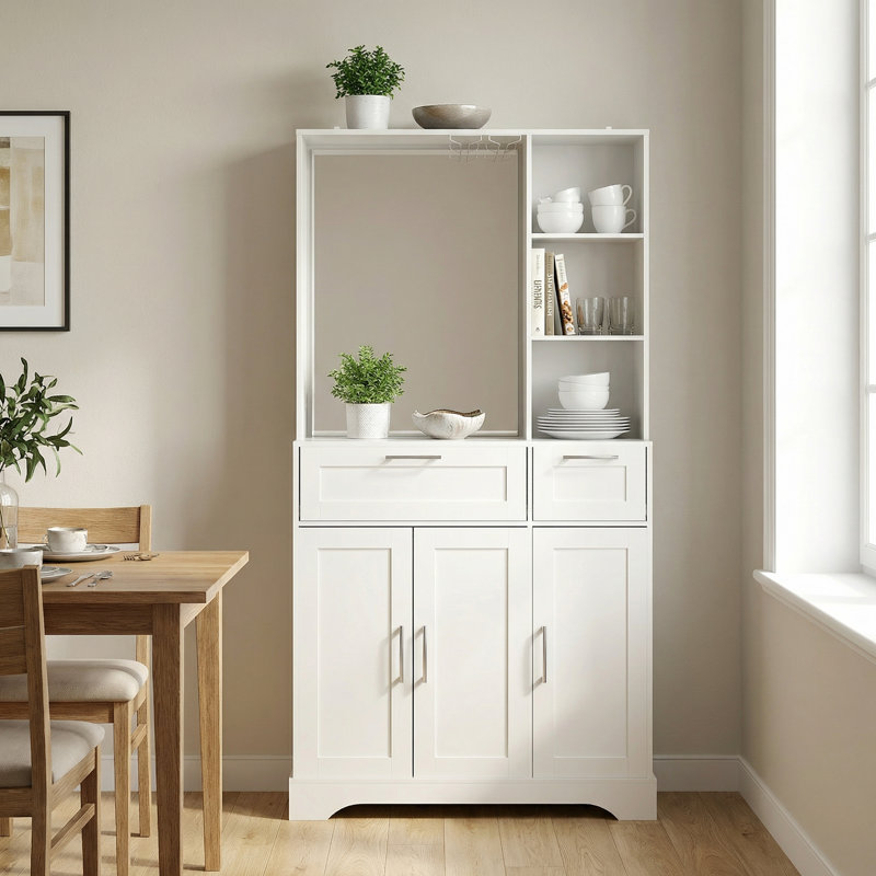 Buffet de style Shaker avec dossier miroir, porte-verres à pied, 2 tiroirs et 3 portes, buffet de salle à manger avec tablettes ouvertes
