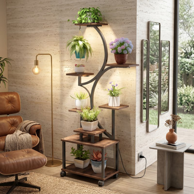 Support pour plante d'intérieur en forme de S de 62 pouces de haut à 8 niveaux avec lumières de culture, finition noyer, support à fleurs en coin pour le salon