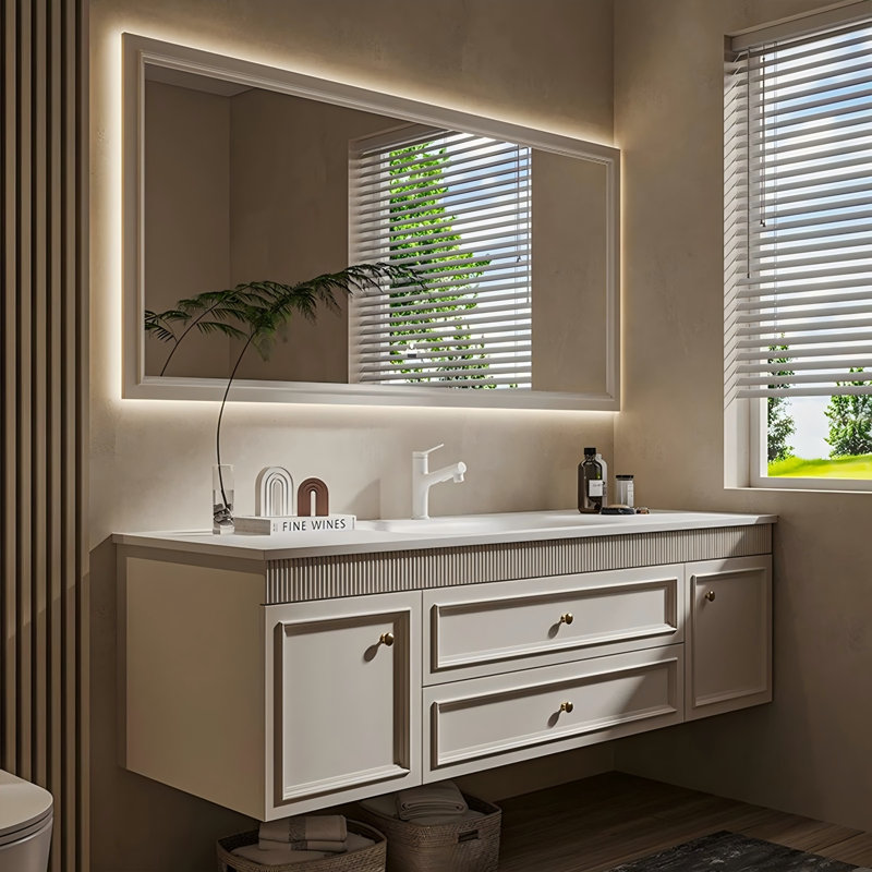 Meuble-lavabo de salle de bain moderne et minimaliste, lavabo intégré en pierre frittée cintrée à chaud, 2 tiroirs et 2 portes avec miroir intelligent