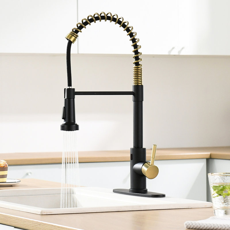 Touchless Kitchen Faucet With Pull Down Spray - Hands Automatic Smart, Black + Gold, Contemporary, Stainless Steel, Ceramic Fill Smart Touchless, , Contemporary Design, Filler