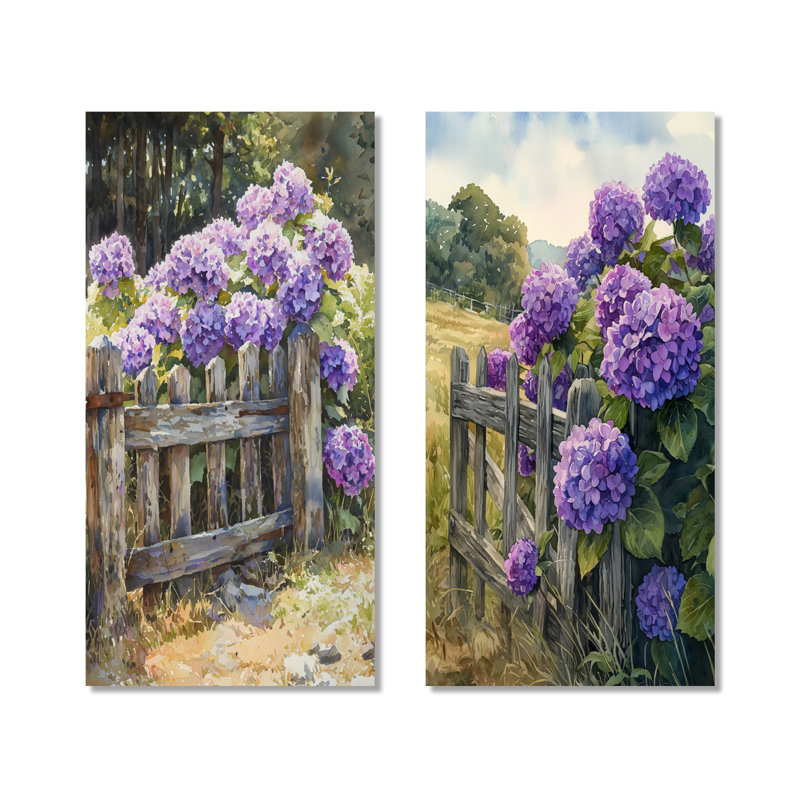 Été hortensias par la clôture de la ferme II - impression d'art mural en métal 2 pièces, 40" H x 40" W