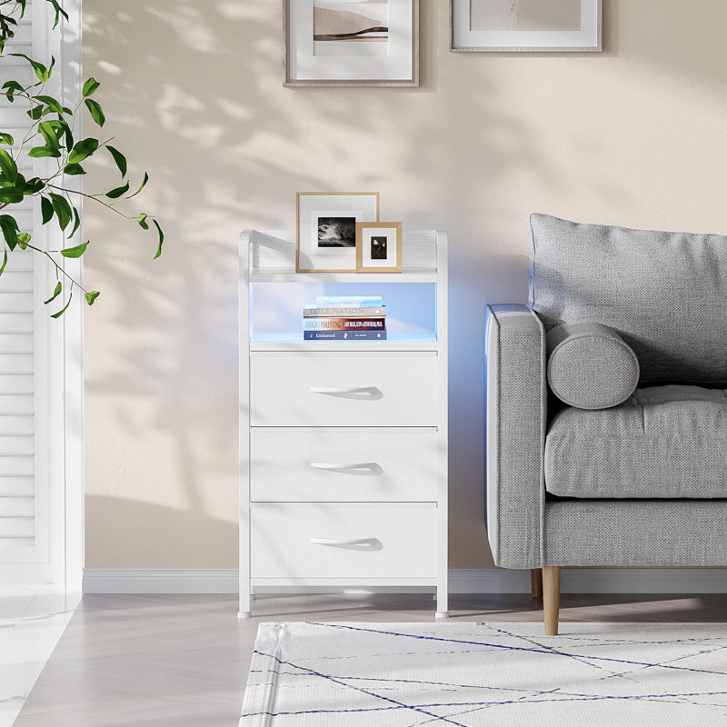 3 Drawer Nightstand with Charging Station & LED Light Strip, White