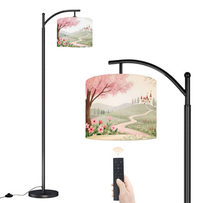 Arc Floor Lamp Serene Spring Landscape Cherry Blossom Tree Castle Pathway Floor Lamps with Remote LED Lights Adjustable Lamp Shades Tall Standing Lamps for Reading Office Living Room