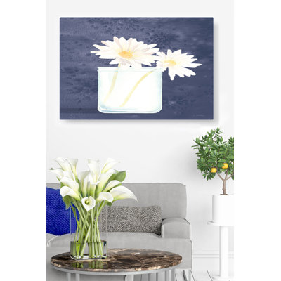 Fleurs dans un pot, marguerites, bouquet, floral, fleurs, paisible, tranquille, doux, propre, bleu marine, vert, sur bleu, blanc