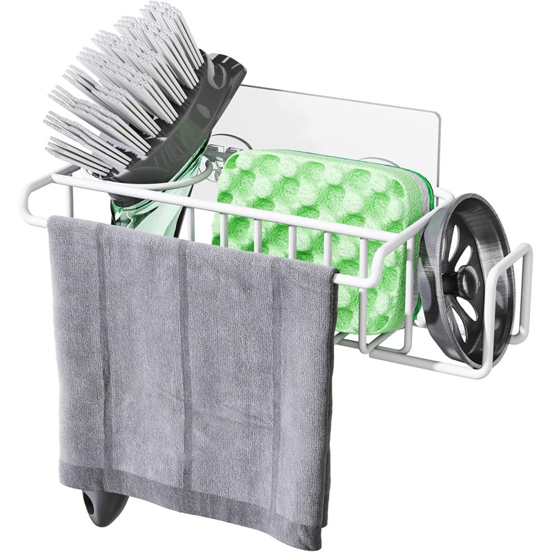 Porte-éponge d'évier de cuisine antirouille avec brosse et organisateur de serviettes, installation sans perceuse, conception en acier inoxydable pour un drainage rapide et un gain de place