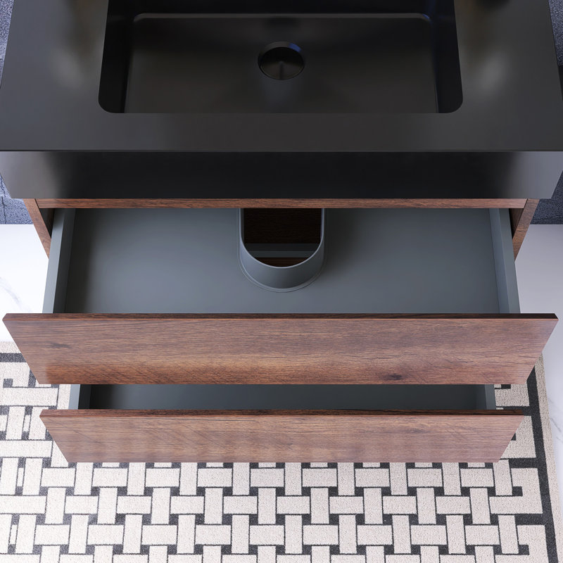 30 po W Meuble-lavabo mural à simple cuve avec lavabo noir, Noyer