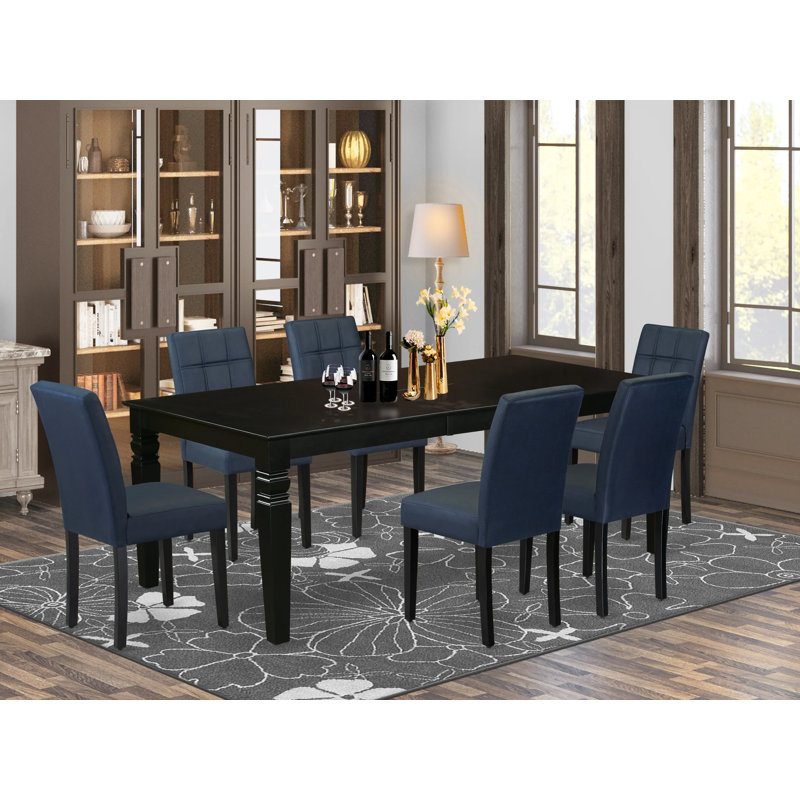 7 Piece Dining Table Set consists A Wooden Table and 6 Dark Navy Blue Polyester Fabric Modren Dining Chairs with Stylish Back- Black Finish