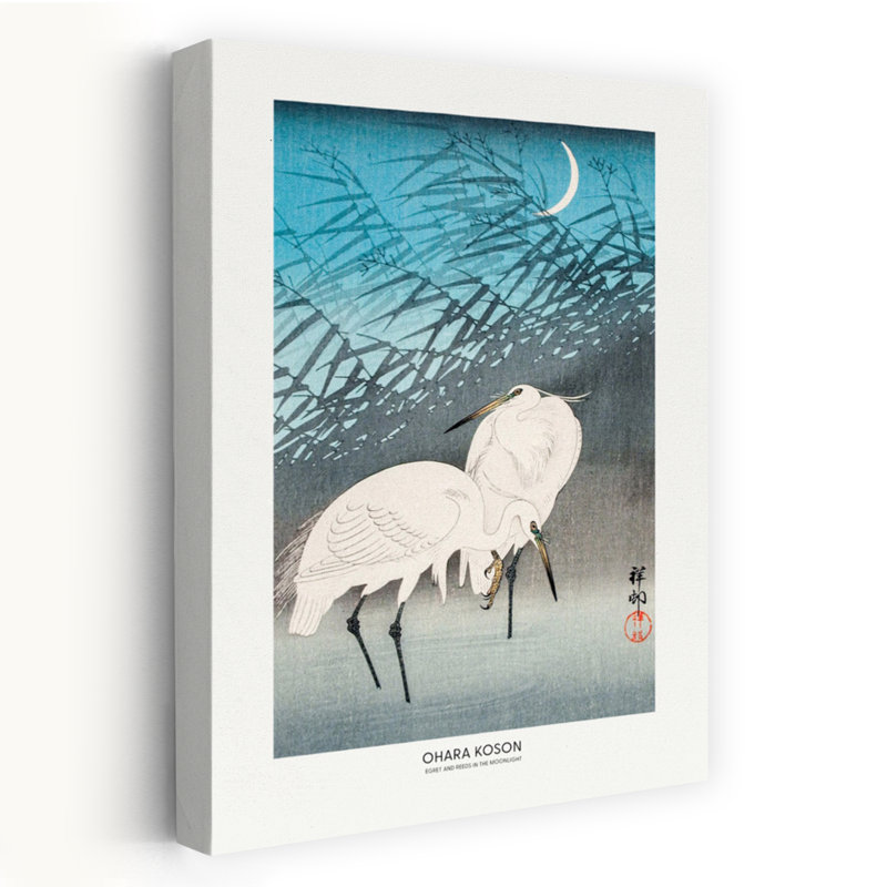 Aigrettes et roseaux au clair de lune, H 48 po x l 32 po