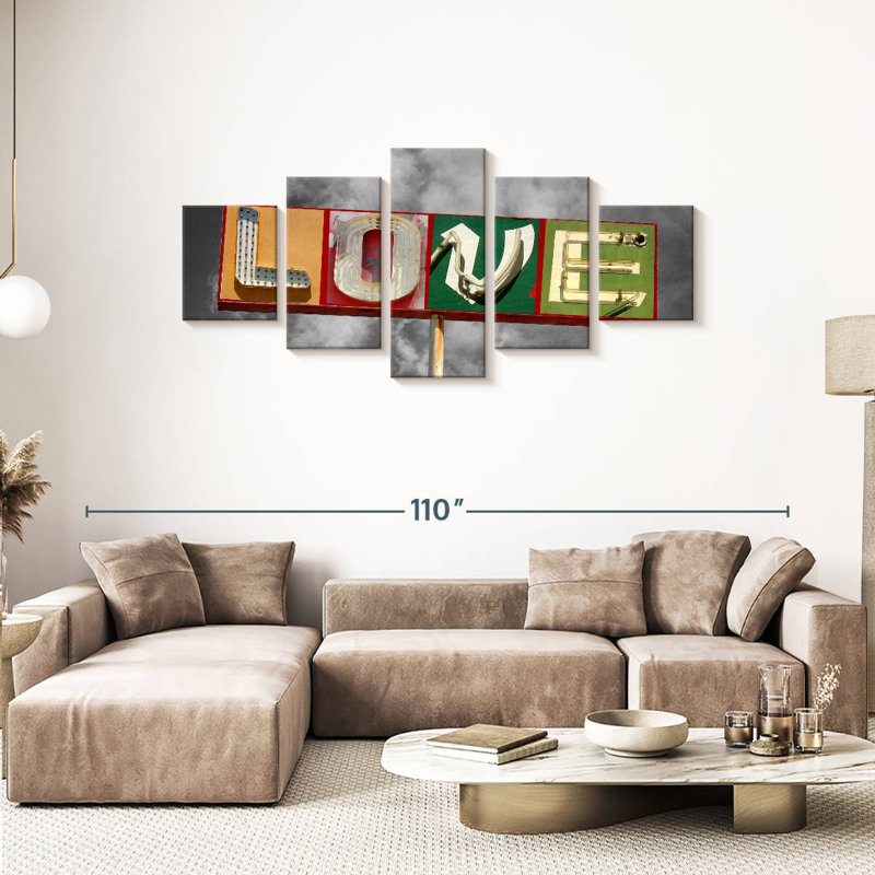 "Love Love", impression sur toile 5 pièces, H 36 po x l 80 po x P 1 po