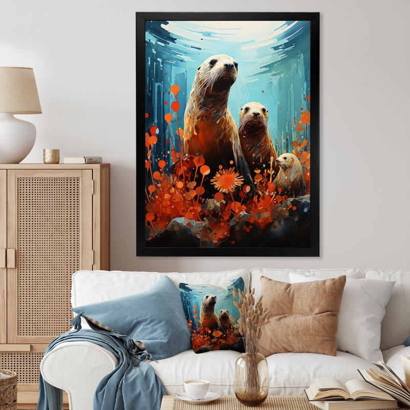 Bleu sarcelle, animaux marins, mer curieuse - impression, H 20 po x l 12 po x P 1 po, Cadre photo noir