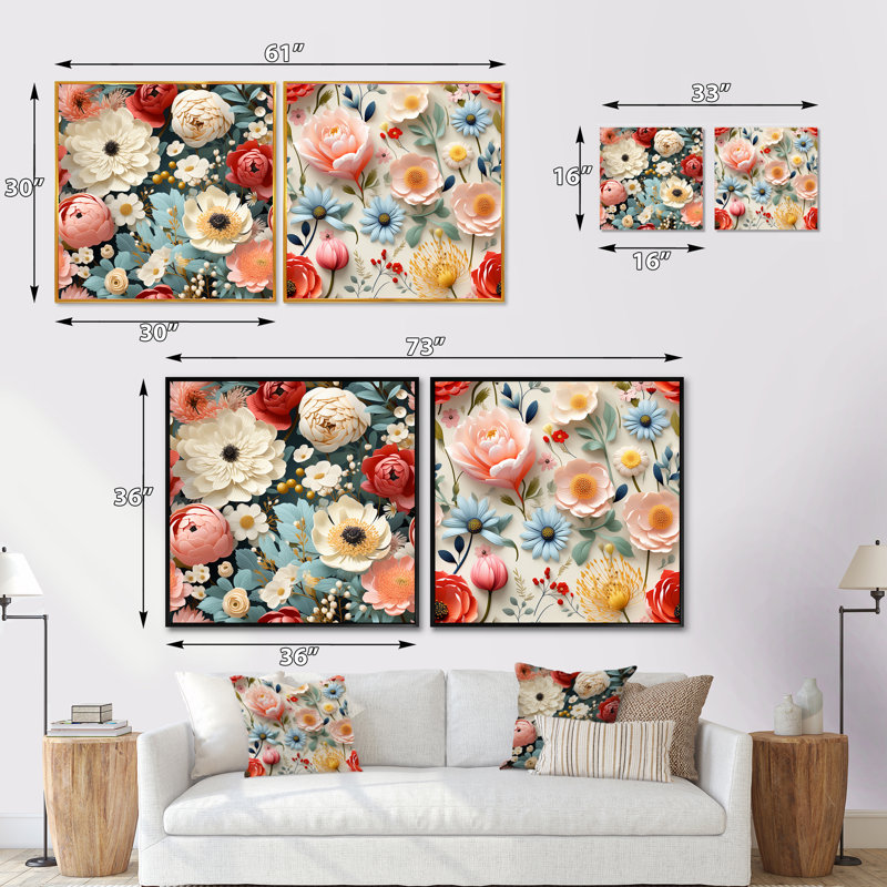 Flavio - Ensemble de 2 collages carrés floraux, Cadre flottant noir, H 16 po x l 33 po