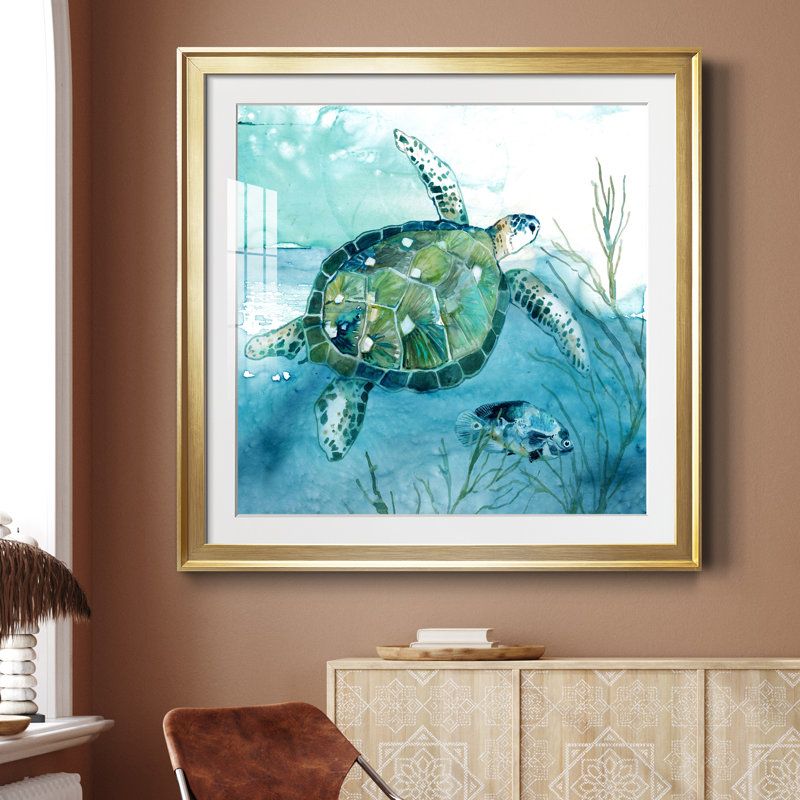 Tortue de mer Delray I - peinture encadrée, H 34,5 po x l 34,5 po x P 1,5 po, Encadrement doré