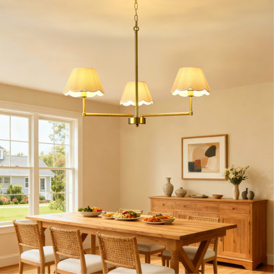 Lustre 3 lumières doré avec abat-jour en tissu pour salle à manger