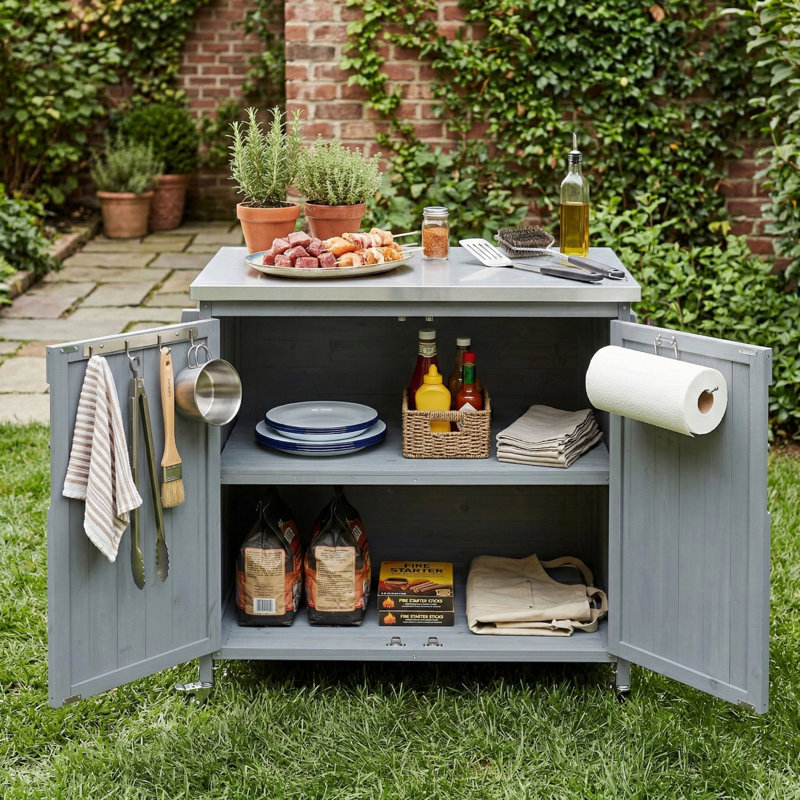 42.1" Outdoor Kitchen Island with Side Shelf – Grill Cart with Storage Cabinet, Stainless Steel Top, Adjustable Shelf & 4 Wheels for Pizza Prep (Grey Blue)