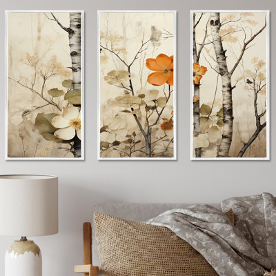 Floral, beige et brun, bouleau, forêt, forêt - arbre, art mural