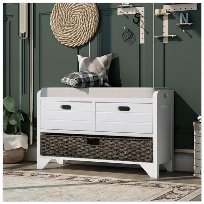 Banc de rangement entièrement assemblé avec panier amovible, 2 tiroirs et coussin pour une utilisation polyvalente à la maison