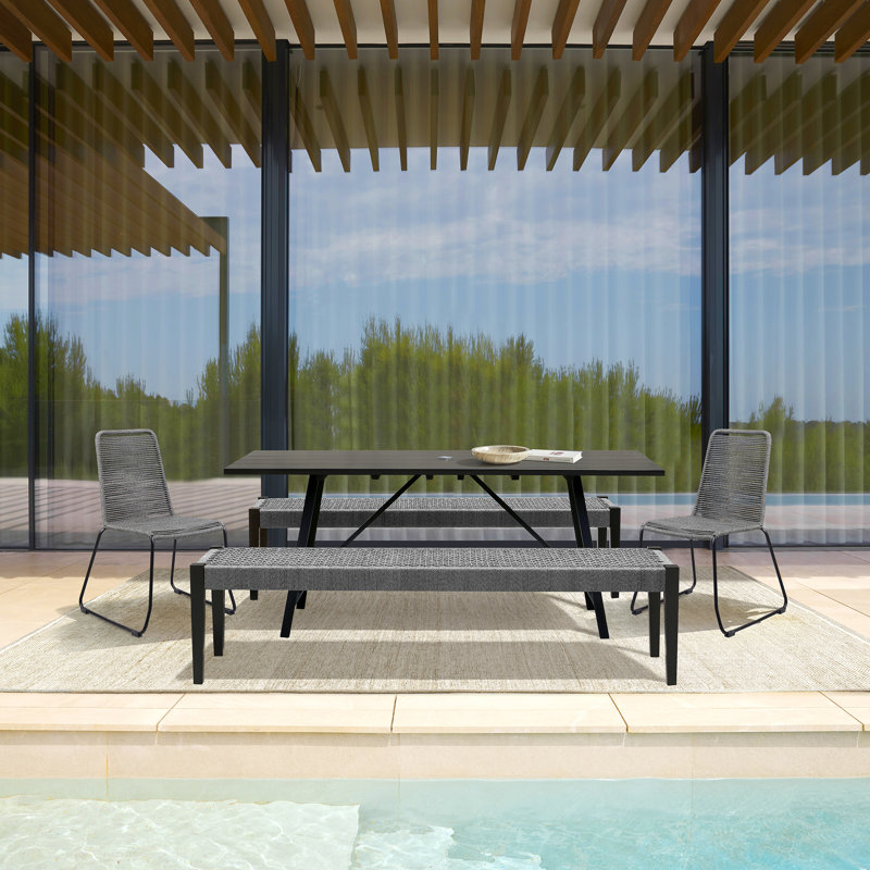 Ensemble repas d'extérieur rectangulaire en bois d'eucalyptus foncé avec corde grise de 71 po pour 8 personnes BundinieHill