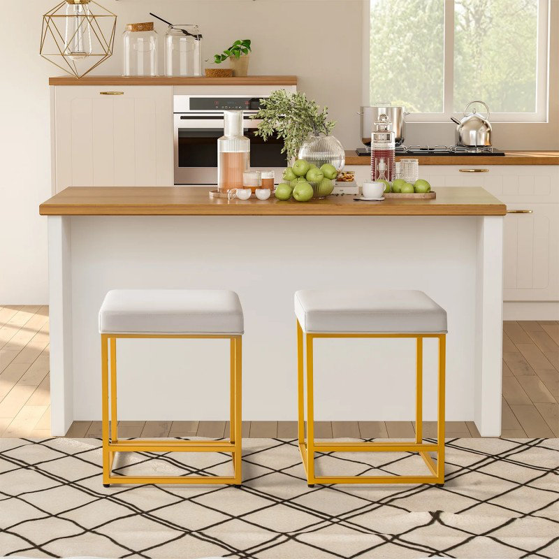 Set of 2 Bar Stools, Upholstered Counter Stool with Metal Frame