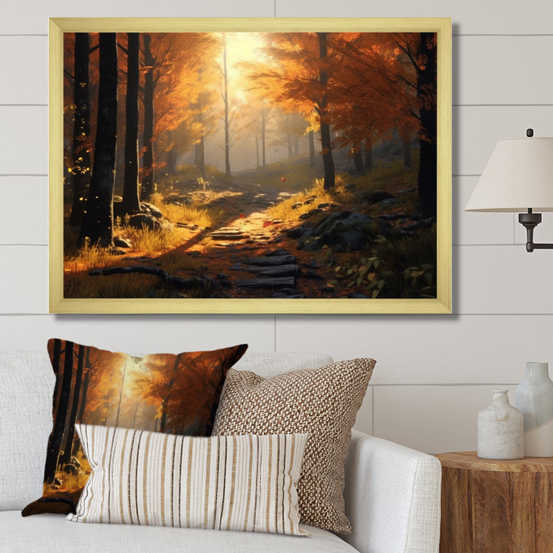 Forêt, sérénité, après-midi, lumière du soleil en automne sur toile, H 30 po x l 40 po x P 1,5 po, Encadrement doré