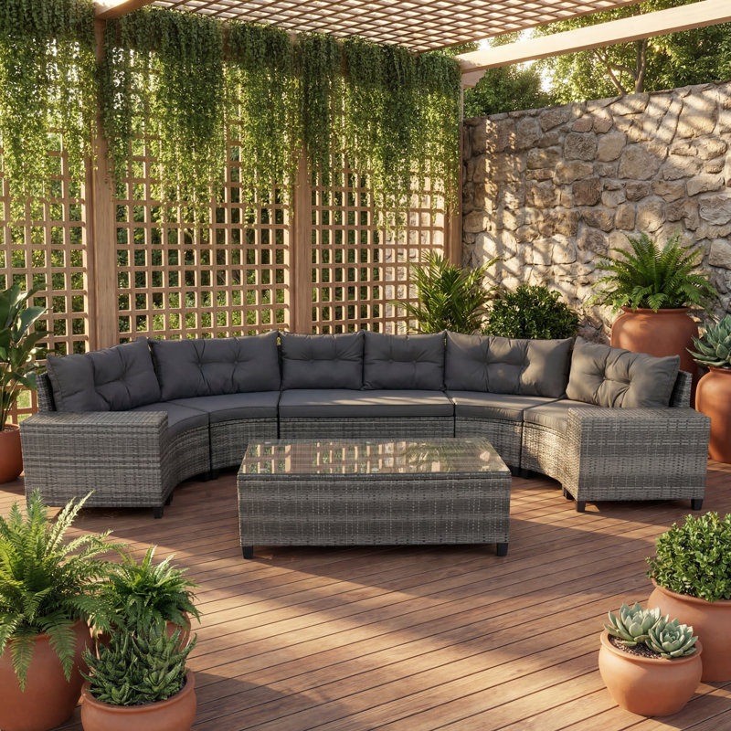 8-Pieces Outdoor Wicker Half-Moon Sectional Sets, With Coffee Table, 6-8 Seater