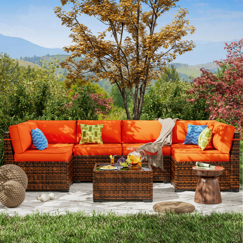 Treyshun Wicker 6-Person Sectional Conversation Sets with Cushions, Orange, No