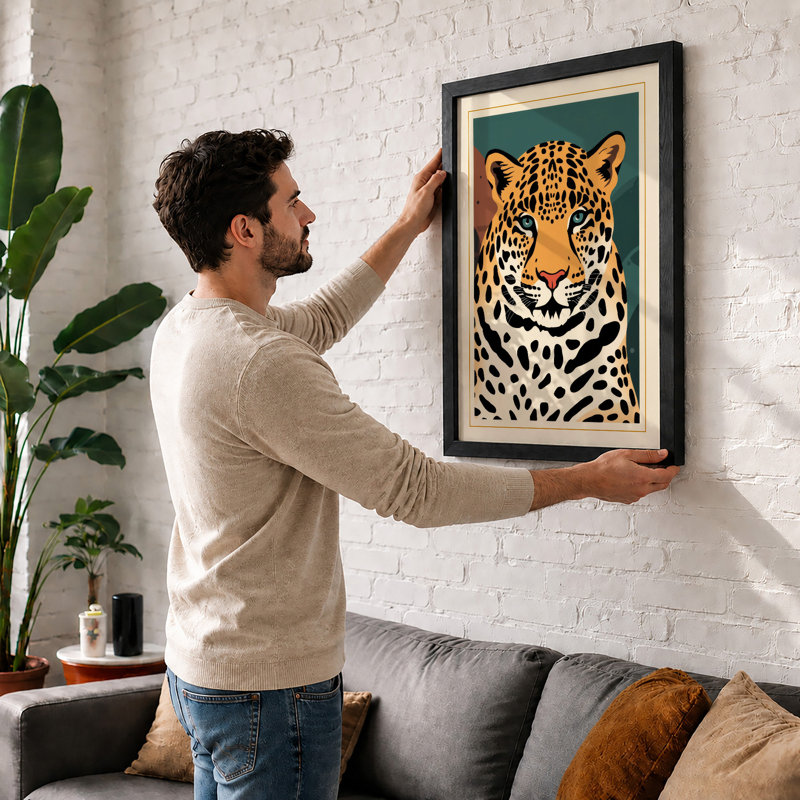 Leopard Portrait Geometric - Framed Print, A2 - 59.4 x 42.0 cm, Black