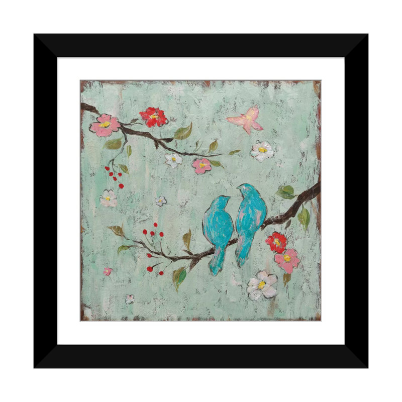 «Love Birds I», reproduction d'art sur toile, H 16 po x l 16 po x P 1 po, Papier d'art encadré noir, Blanc