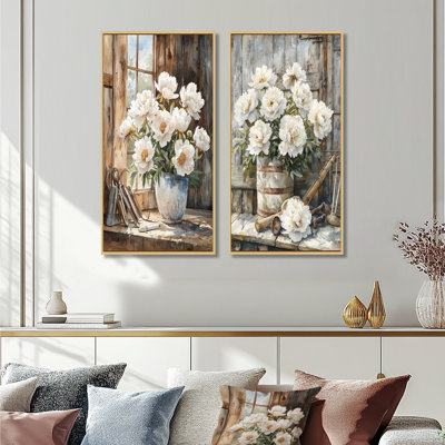 Pivoines dans la remise laitière I - Art mural floral 2 pièces