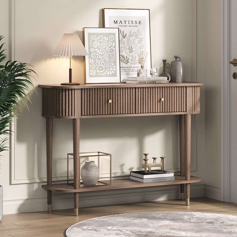 43" Entryway Table With Drawers, Fluted Console Table With Storage Shelf, Narrow Sofa Table For Living Room, Hallway, Foyer, Walnut