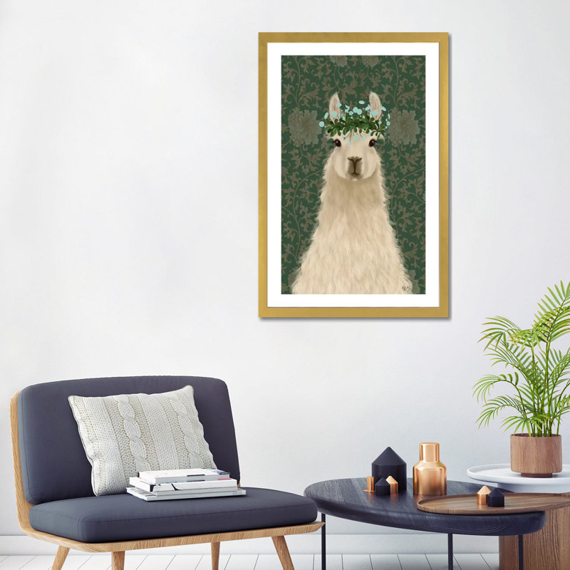 «Llama Bohemian 1» par Fab Funky - impression d'art graphique, Blanc, H 32 po x l 24 po x P 1 po, Papier encadré doré