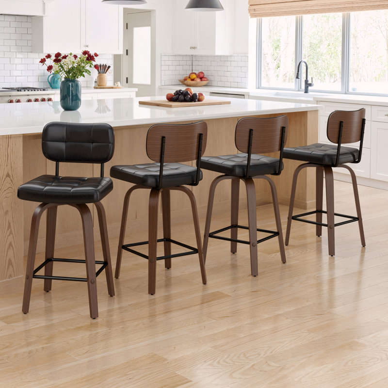 26" Counter Height Swivel Bar Stools,Pu Leather & Bentwood Back Bar Stools For Kitchen(Set of 4), Black, 4