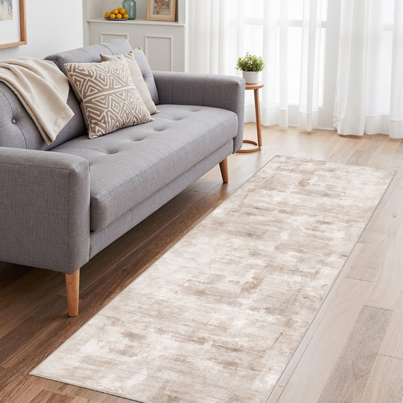 Tapis abstrait lavable à la machine avec envers antidérapant Elroy, Beige, 0.28", Tapis de couloir 2 pi x 8 pi