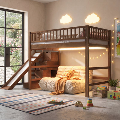 Full Size Loft Bed with Storage Staircase, Slide and LED Light, Walnut